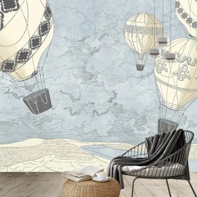 Fototapeta - Balony nad miastem, chłodne odcienie (196x136 cm)