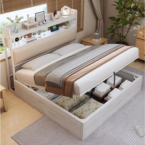 Łóżko vintage ze schowkiem - 180 x 200 - z USB + tapicerowany zagłówek ze schowkiem - Metal + tkanina + MDF - białe