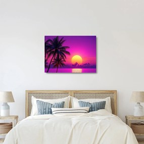 Obraz na szkle - Fioletowy zachód słońca z palmą (70x50 cm)