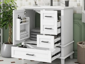 Meble łazienkowe na nogach - z ceramiczną umywalką - 1 drzwi i 3 szuflady - Biały (bateria nie jest dołączona)
