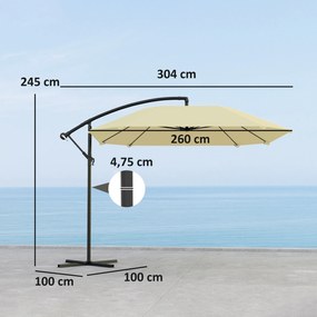 Outsunny Parasol Aluminiowy Ø 260 cm z Korbką, Wodoodporny, z Podstawą, Korbką, Beżowy