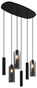 Nowoczesna lampa wisząca czarna z dymionym szkłem, 6 świateł - Duplantis