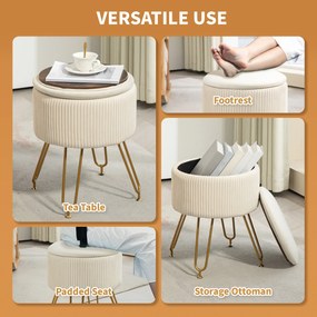 HOMCOM 2-w-1 Hoker z miejscem do przechowywania na metalowych nogach, okrągły podnóżek do salonu, sypialni, przedpokoju, Kremowy
