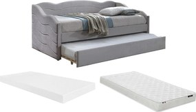 Wysuwane łóżko 2 × 90 × 190 cm – welurowe – kolor beżowy z materacem – LENVIA