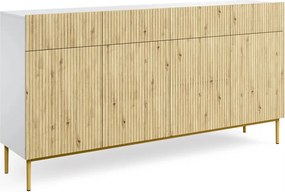 Komoda czterodrzwiowa Nicole 200 cm z szufladami - biały / dąb artisan / złote nóżki