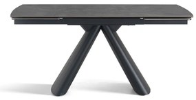 Elegancki stół z szarym ceramicznym blatem na hartowanym szkle. Metalowa podstawa z czarnej stali nadaje mu nowoczesny charakter i wyjątkową trwałość.