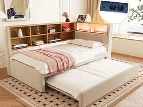 Kanapa rozkładana 90x200 - z łóżkiem wysuwanym 90x190 cm - z gniazdem USB - liczne schowki - tapicerowane łóżko - beżowe (materac nie wliczony)