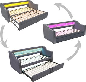 Leżanka 90/180 x 190 cm - jasnoszary len - łóżko dla dorosłych z oświetleniem LED i portem USB - stelaż z listew - bez materaca