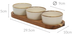 Zestaw porcelanowych miseczek do serwowania, akacjowa podstawka