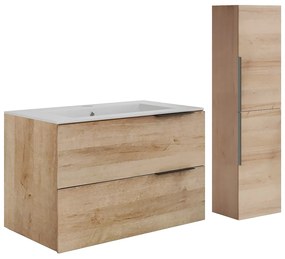 Szafka łazienkowa wisząca z umywalką do zabudowy i kolumną - Jasny naturalny - 80 cm - NISAYA