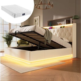 Łóżko tapicerowane podwójne ze schowkiem - 160 x 200 cm - Materac + Leds + Zagłówek z USB - Skóra PU - Biały