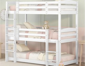 Łóżko piętrowe potrójne z drabiną i barierką ochronną - 90x200cm - drewno lite - Białe