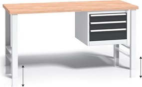 Stół warsztatowy z regulacją wysokości G3, 1500 x 685 x 840-1050 mm, 1x 3 szufladowy kontener, grafitowy