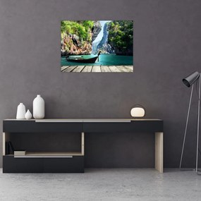 Obraz na szkle długiej łodzi na plaży (70x50 cm)