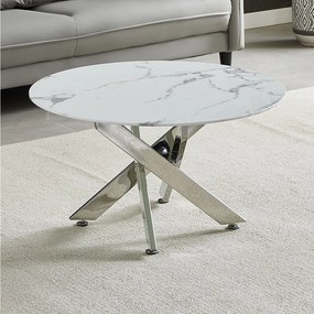 Okrągły stolik kawowy – Hartowane szkło z efektem białego marmuru – Srebrny metal – CHIARA