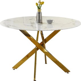 Okrągły stół jadalniany z hartowanego szkła – Efekt białego marmuru i złoty metal – dla 4 osób – CHIARA