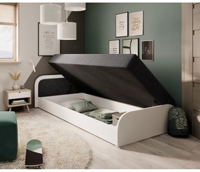 Białe/ciemnoszare tapicerowane/z płyty wiórowej łóżko jednoosobowe ze schowkiem z materacem 80x190 cm Parys – ELTAP