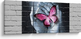 Obraz - Różowy motyl w ścianie (z zegarem) (90x30 cm)