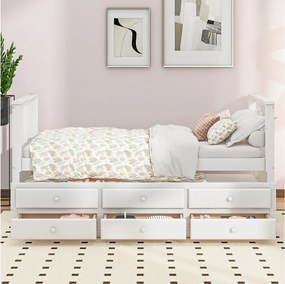 Łóżko wysuwane 90 x 200 cm + 90 x 190 cm z 3 szufladami - Drewno lite + MDF - Stelaż listwowy - Biały (bez materaca)