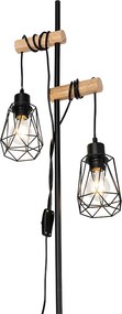 Lampa podłogowa rustykalna czarna z drewnem 2-światłowa z kloszem - Dami Frame