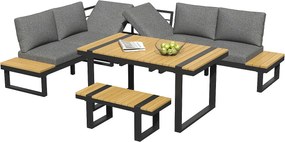 Salon ogrodowy - zestaw mebli - 6 osób - z żelaza ocynkowanego - kanapa narożna - ze stołem i ławką - blat z tworzywa drewnopodobnego - Szary