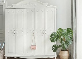 Duża szafa biała pięciodrzwiowa Antonina, szafa w stylu angielskim, wymiary 215x60x240 cm. Zdobione fronty. Białe meble stylowe Victoria.