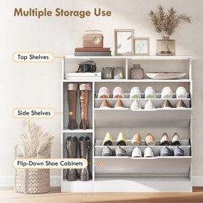 HOMCOM Szafka na buty z 2 klapami, uchylna szafka z regulowanymi przegrodami, otwartą półką na 12 par butów 89 x 25 x 92 cm biała | Aosom PL