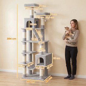 PawHut Drapak 204 cm drapak dla kota z kryjówkami i drabinką wielopoziomowy drapak dla 1–3 kotów po 6 kg jasnoszary | Aosom PL