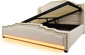 Łóżko tapicerowane 140 x 200 cm - z funkcją ładowania USB i LED u stóp łóżka - Beżowe