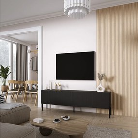 Szafka pod telewizor 170, fronty ryflowane, Czarny Mat, nóżki proste czarne, 170 × 32 × 52 cm