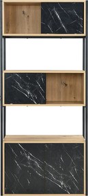 Biblioteczka z 4 drzwiczek i 2 wnękami z MDF i stali - Efekt czarnego marmuru i naturalny - YELANIA