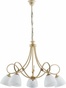 Dallas żyrandol 5 świateł, kość słoniowa lakierowane żelazo, stare złoto, klosze alabastrowe Ø13 cm