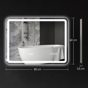 HOMCOM Lustro łazienkowe z podświetleniem LED, mata przeciwmgielna, 3 regulowane kolory, zegar, 600 x 800 mm, kolor srebrny | Aosom PL