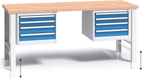 Stół warsztatowy z regulacją wysokości G3, 2000 x 685 x 840-1050 mm, 2x 4 szufladowy kontener, niebieski