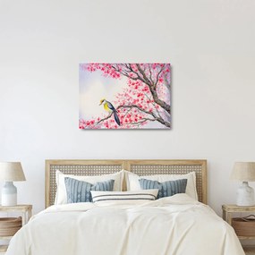 Obraz na szkle - ptak na drzewie z czerwonymi kwiatami (70x50 cm)