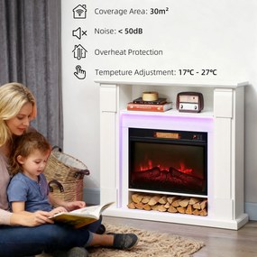 HOMCOM Kominek elektryczny z oświetleniem LED, realistyczny efekt płomieni, 1800W, półka nad kominkiem, 2 piloty, szkło, biały