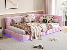 Łóżko banquette 90x200cm z weluru - z LED i portem USB - Różowe