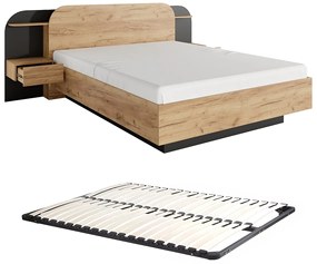 Łóżko z szafkami nocnymi 160 x 200 cm - Z oświetleniem LED - Naturalny i czarny + Stelaż - JUVISIA