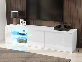 Lakierowany mebel TV o wysokim połysku 180x40x45 cm - Oświetlenie LED - 3 drzwi - Szyby ze szkła hartowanego - Płyta wiórowa - Biały
