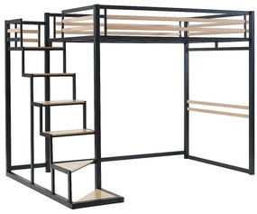 Łóżko antresola 140 × 200 cm – metal i MDF – kolor czarny i naturalny – JOGUI