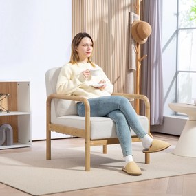 HOMCOM Fotel Akcentowy, Tapicerowany Fotel z Tkaniny, Rama z Drewna Kauczukowego, Nowoczesny Fotel z Poduszką, Biały