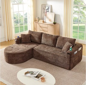 4-osobowa sofa narożna z kieszeniami bocznymi i uchwytem na kubki, bez montażu, z lnu, brązowa