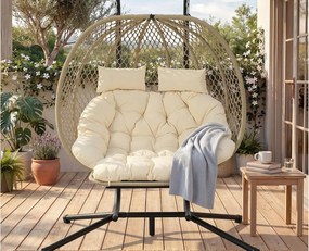 Podwójny Wiszący Fotel Jajo z Uchwytem - Huśtawka Ogrodowa z Regulowanym Podnóżkiem, Grubą Poduszką i Podgłowiem - Wewnętrzny/Zewnętrzny - Beżowy
