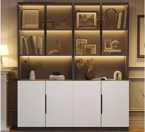 Witryna 160x30x200 cm z LED - 8 drzwi (4 drzwi szklane) - Biały i Czarny