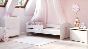 Łóżko dziecięce pojedyncze LUK 140x70 cm z barierką, materac w zestawie, bezpieczna drewniana rama i graficzny design