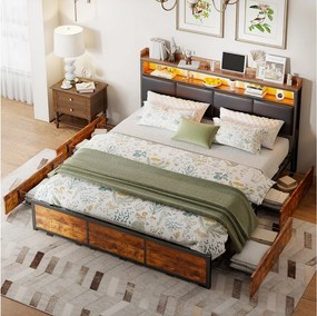 Podwójne łóżko vintage czarne 180x200 cm z 4 szufladami, tapicerowanym zagłówkiem z pilotem LED i metalową ramą z drewnem PU