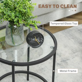 HOMCOM Okrągły stolik boczny ze szklanym blatem i ramą metalową, mały stolik do salonu, sypialni, Czarny