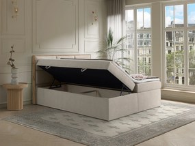 Zestaw do sypialni ozdobny z zagłówkiem z drewnianą ramą + stelaże ze skrzynią + materace + nakładka na materac - 160 x 200 cm - Tkanina - Beżowy - SIAKI marki YSMÉE