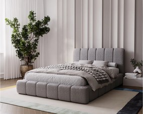 Emporius Milan łóżko tapicerowane 160x200 - pufiaste łóżko do sypialni, łóżko z pojemnikiem i stelażem - tkanina boucle, jasny szary (Anthology 15)