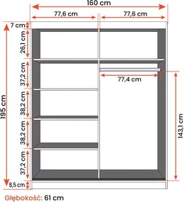 Szafa Lento 160 cm z lustrem – nowoczesna szafa przesuwna do sypialni, pojemna, półki i drążek